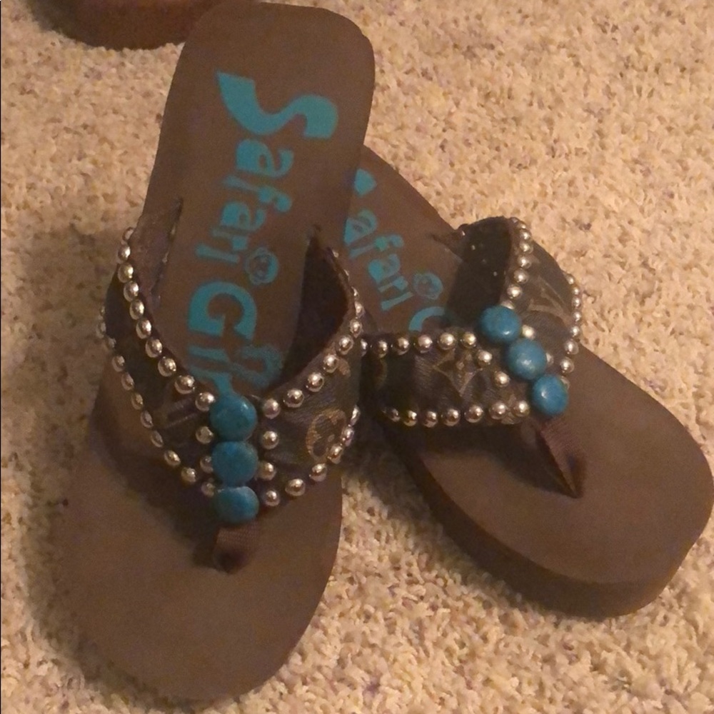 Safari Girl flip flop wedges with LV accents
